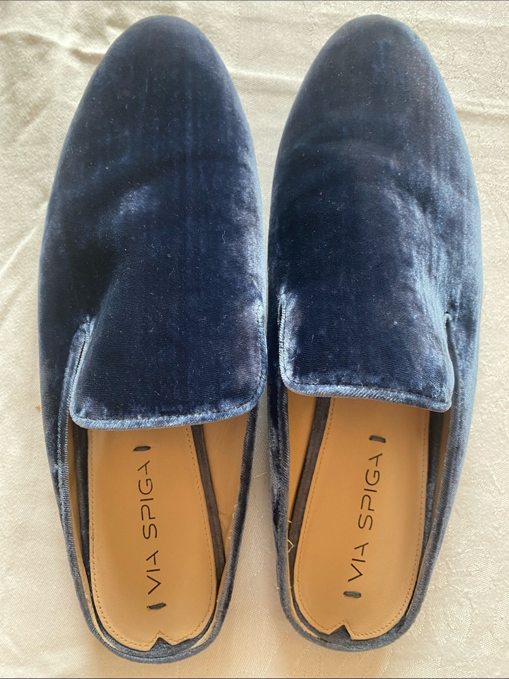 Via Spiga Yeo Navy Blue Velvet Leather Sole Loafer Mules Size 10
